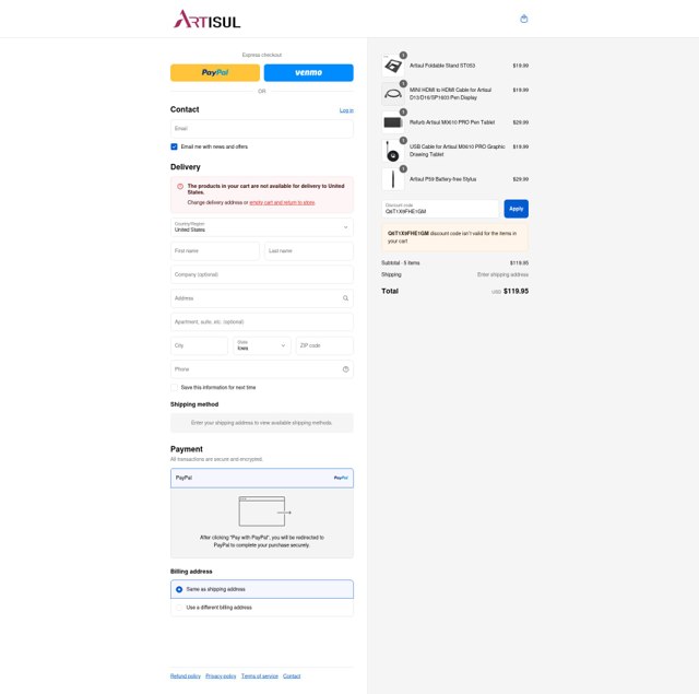 Artisul checkout page showing Artisul promo code box | Screenshot taken by SimplyCodes community member on Sep 3, 2025