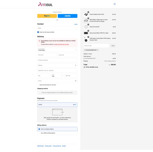 Artisul checkout page showing Artisul promo code box | Screenshot taken by SimplyCodes community member on Aug 30, 2025