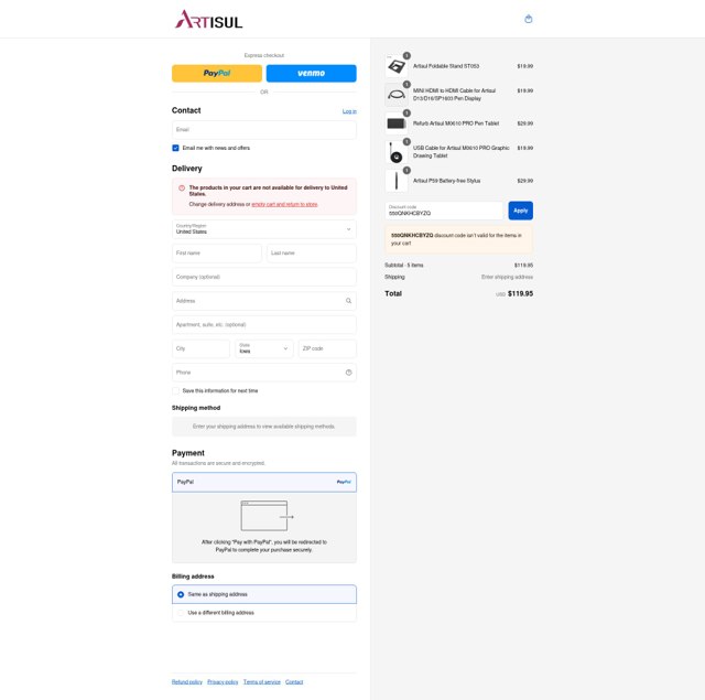 Artisul checkout page showing Artisul promo code box | Screenshot taken by SimplyCodes community member on Sep 3, 2025