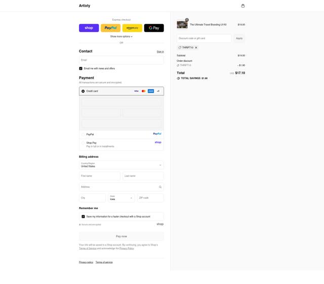 Artixty checkout page showing Artixty discount code box | Screenshot taken by SimplyCodes community member on Sep 16, 2025