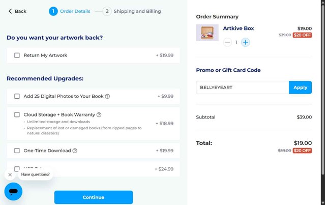 Artkive checkout page showing Artkive promo code box | Screenshot taken by SimplyCodes community member on Aug 13, 2025