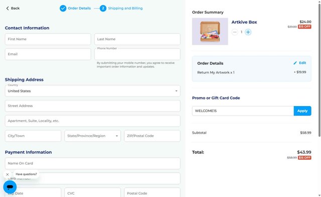 Artkive checkout page showing Artkive promo code box | Screenshot taken by SimplyCodes community member on Sep 8, 2025