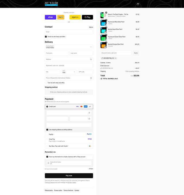 Art 'N Glow checkout page showing Art 'N Glow discount code box | Screenshot taken by SimplyCodes community member on Sep 12, 2025