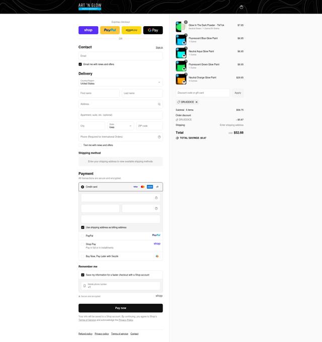Art 'N Glow checkout page showing Art 'N Glow discount code box | Screenshot taken by SimplyCodes community member on Sep 12, 2025