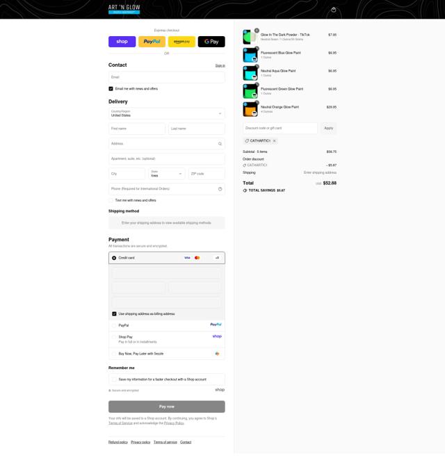 Art 'N Glow checkout page showing Art 'N Glow discount code box | Screenshot taken by SimplyCodes community member on Sep 12, 2025