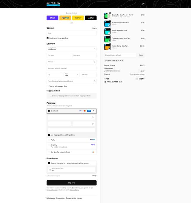 Art 'N Glow checkout page showing Art 'N Glow discount code box | Screenshot taken by SimplyCodes community member on Sep 12, 2025