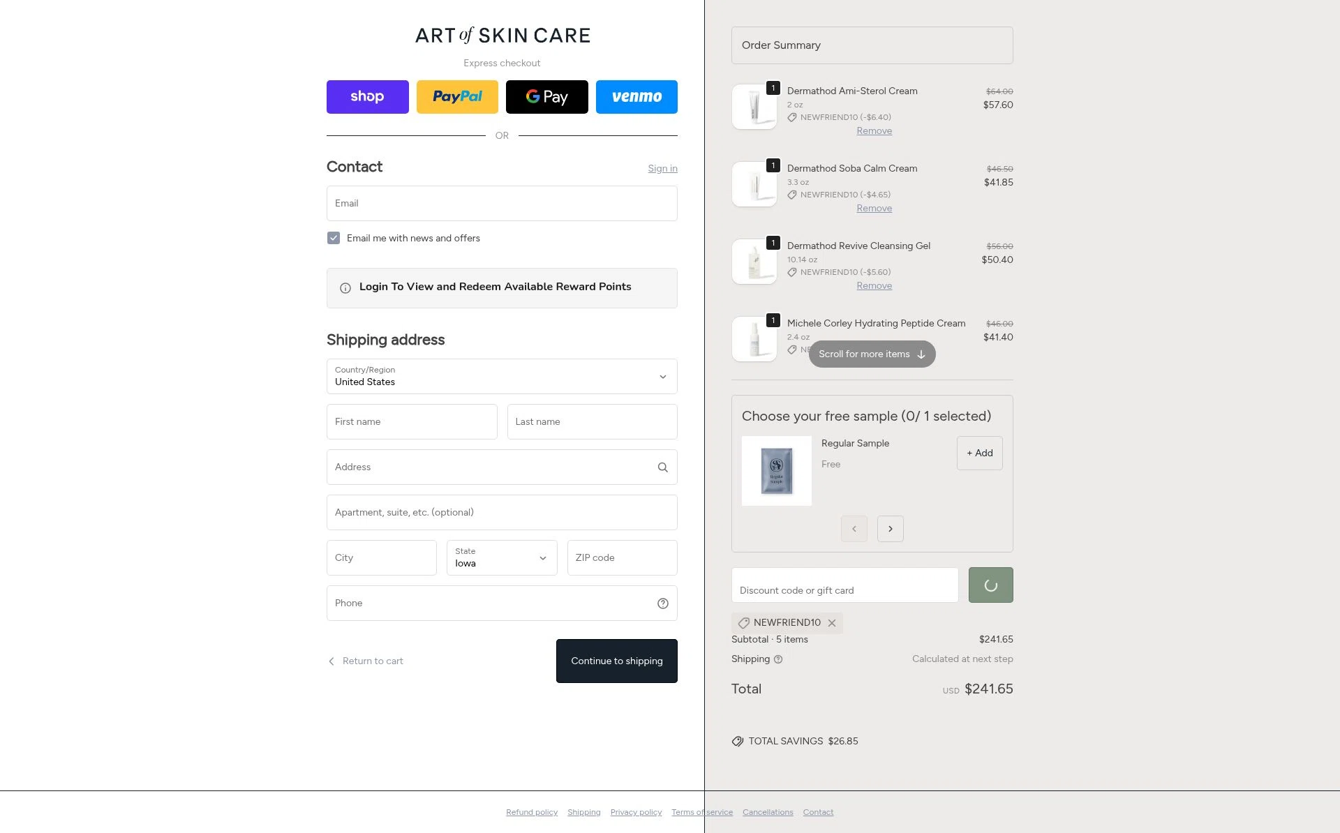 Art Of Skin Care checkout page showing Art Of Skin Care promo code box | Screenshot taken by SimplyCodes community member on Feb 17, 2026