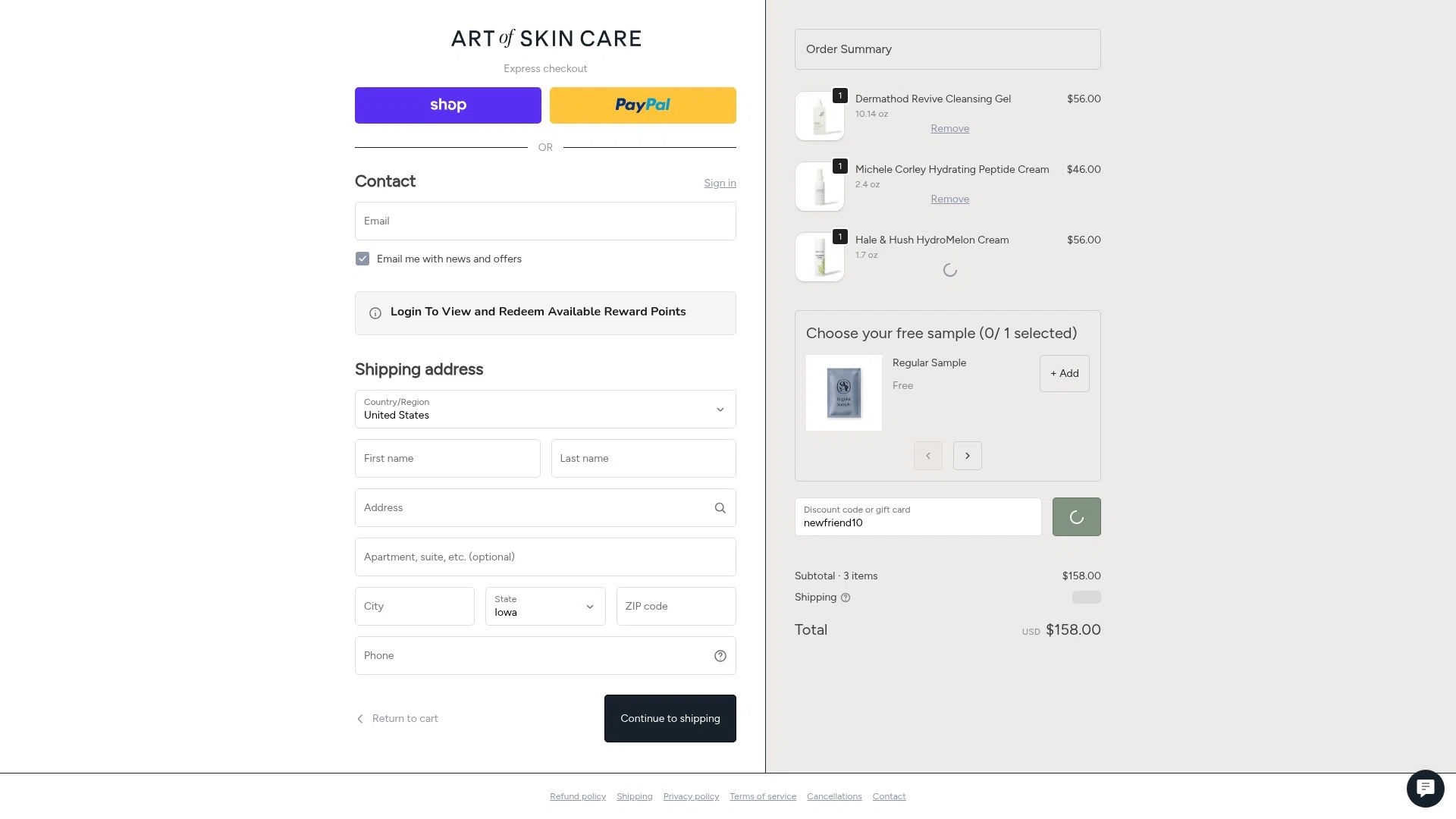 Art Of Skin Care checkout page showing Art Of Skin Care promo code box | Screenshot taken by SimplyCodes community member on Feb 20, 2026