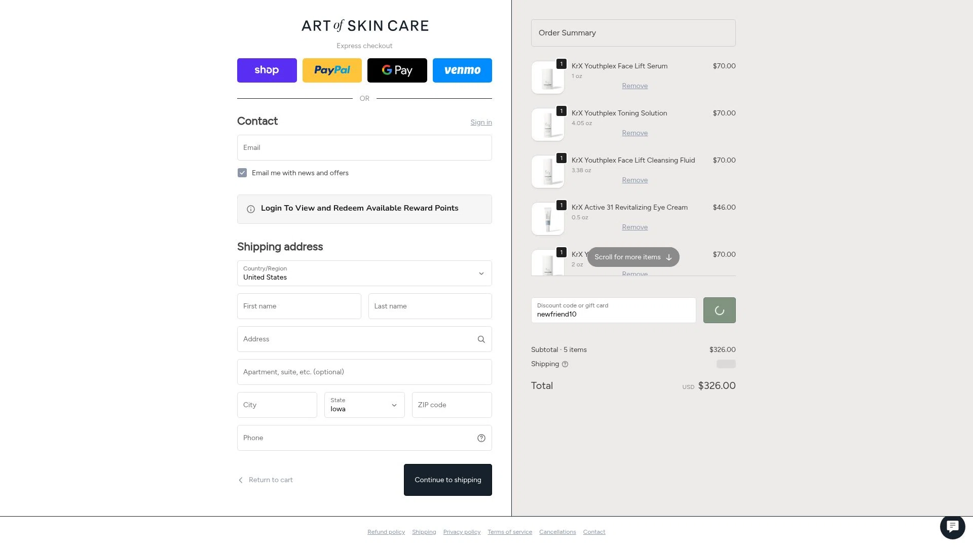 Art Of Skin Care checkout page showing Art Of Skin Care promo code box | Screenshot taken by SimplyCodes community member on Jan 16, 2026