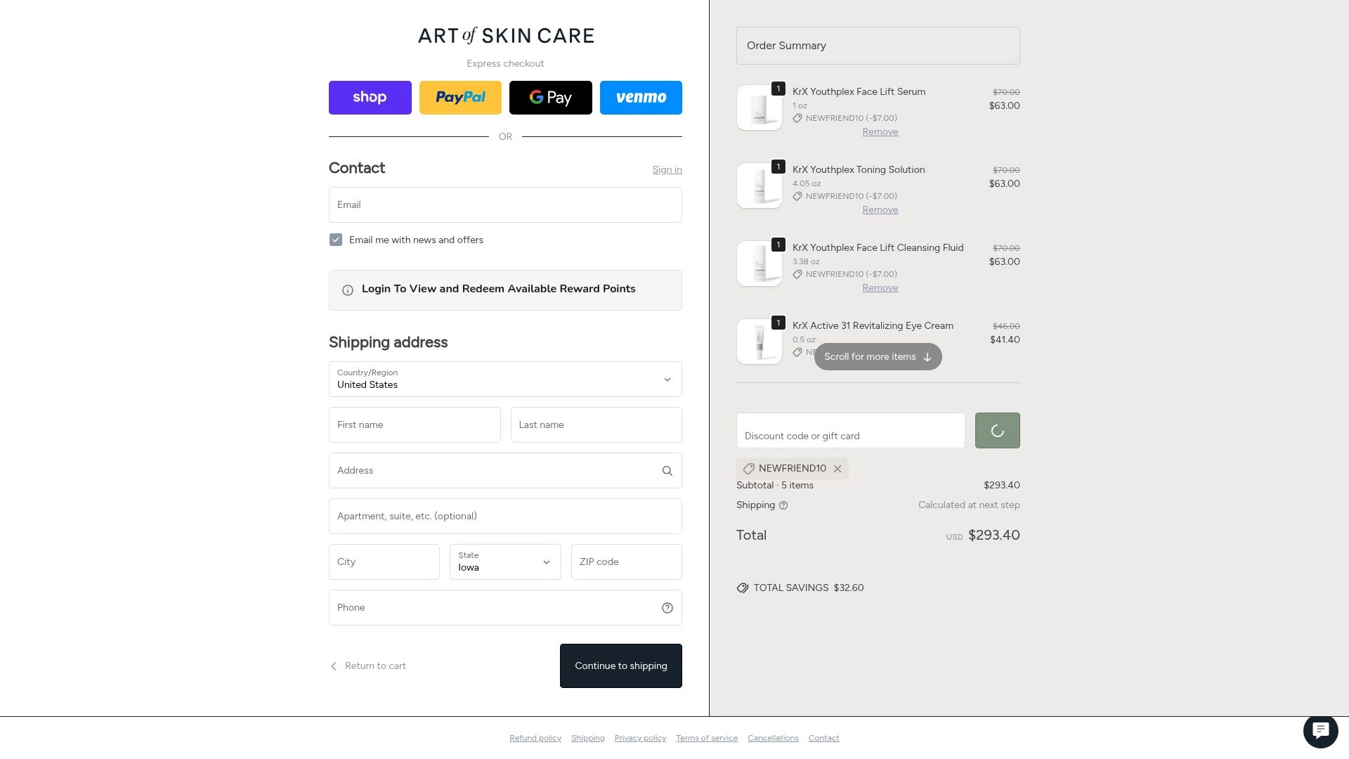Art Of Skin Care checkout page showing Art Of Skin Care promo code box | Screenshot taken by SimplyCodes community member on Jan 21, 2026