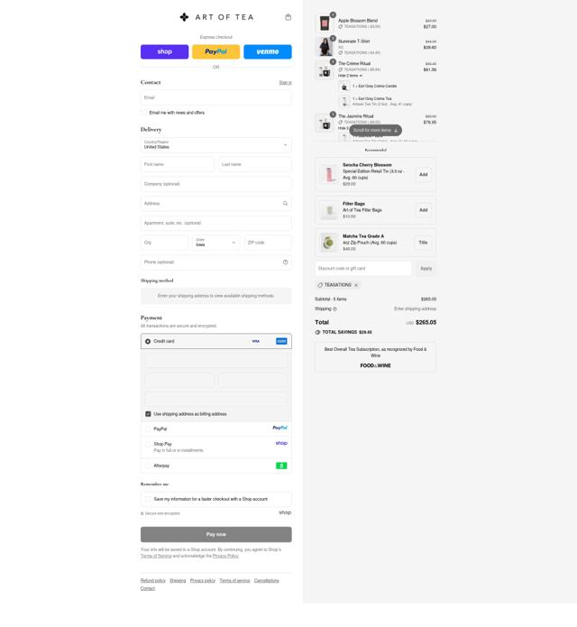 Art of Tea checkout page showing Art of Tea discount code box | Screenshot taken by SimplyCodes community member on Sep 12, 2025