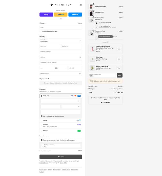 Art of Tea checkout page showing Art of Tea discount code box | Screenshot taken by SimplyCodes community member on Sep 12, 2025