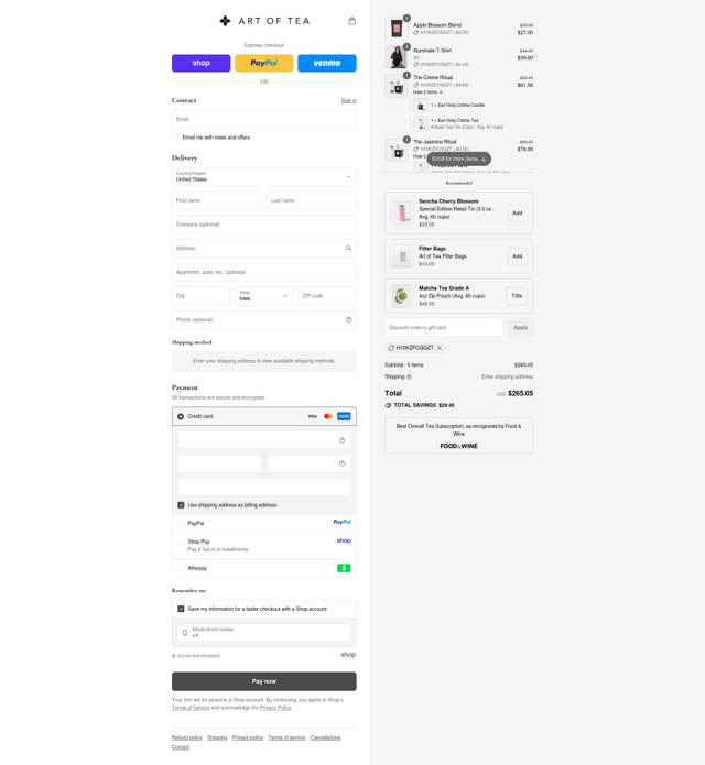 Art of Tea checkout page showing Art of Tea discount code box | Screenshot taken by SimplyCodes community member on Sep 12, 2025