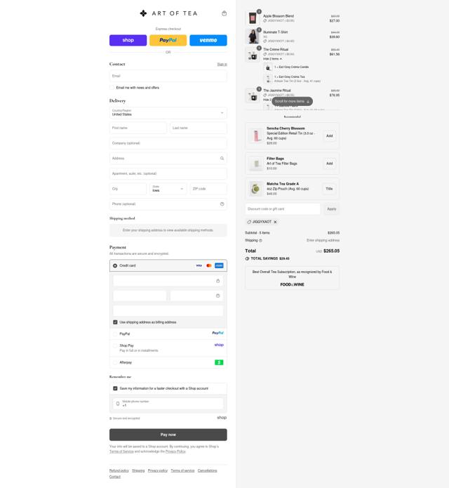 Art of Tea checkout page showing Art of Tea discount code box | Screenshot taken by SimplyCodes community member on Sep 12, 2025