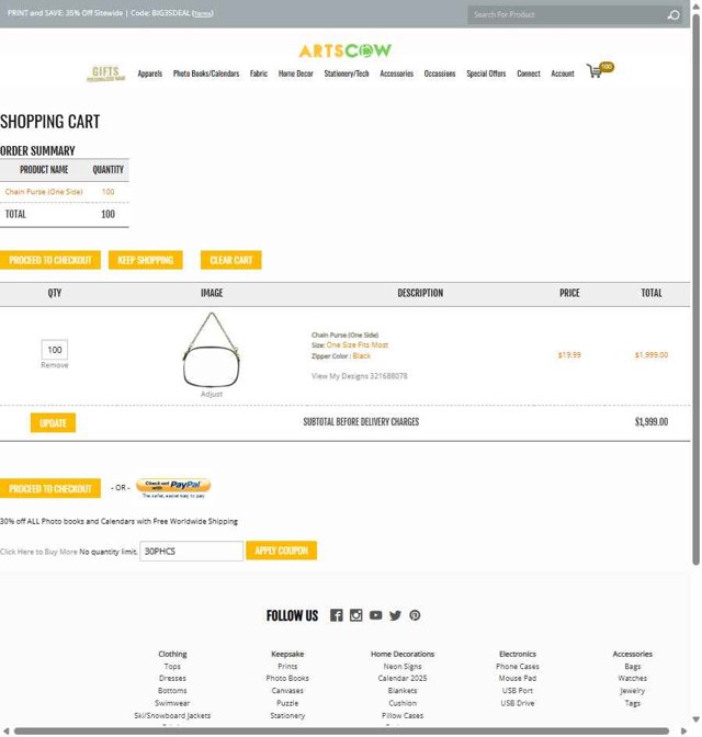 ArtsCow checkout page showing ArtsCow coupon code box | Screenshot taken by SimplyCodes community member on Apr 2, 2025