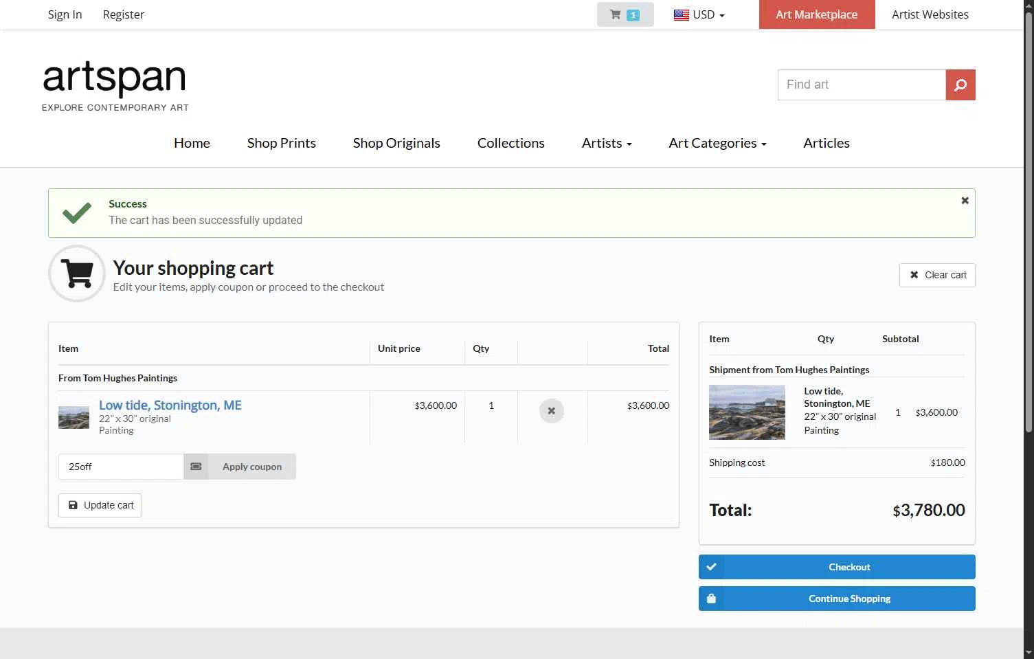 Artspan checkout page showing Artspan promo code box | Screenshot taken by SimplyCodes community member on Sep 24, 2025