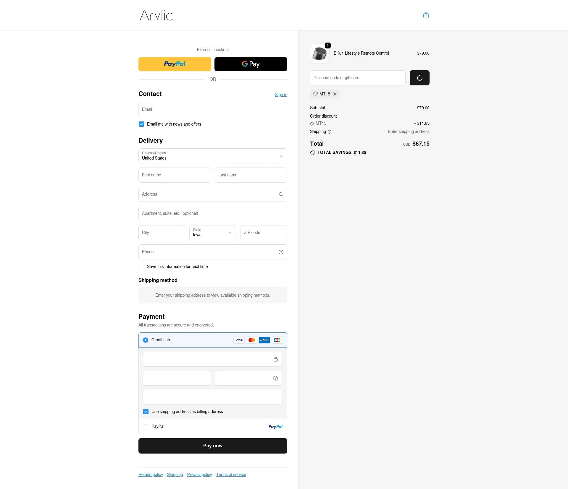 Arylic checkout page showing Arylic discount code box | Screenshot taken by SimplyCodes community member on Jan 2, 2026