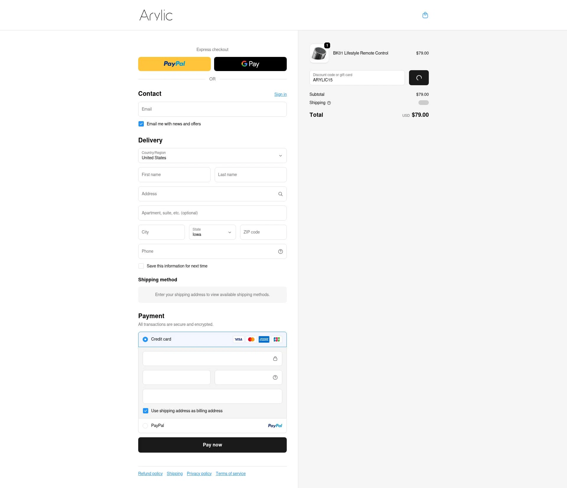 Arylic checkout page showing Arylic discount code box | Screenshot taken by SimplyCodes community member on Jan 2, 2026