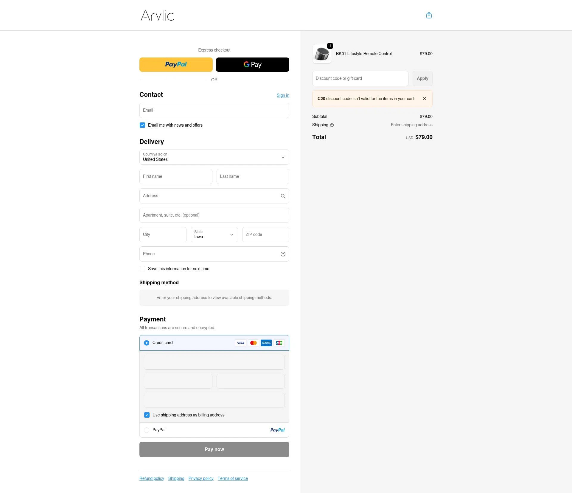 Arylic checkout page showing Arylic discount code box | Screenshot taken by SimplyCodes community member on Jan 2, 2026