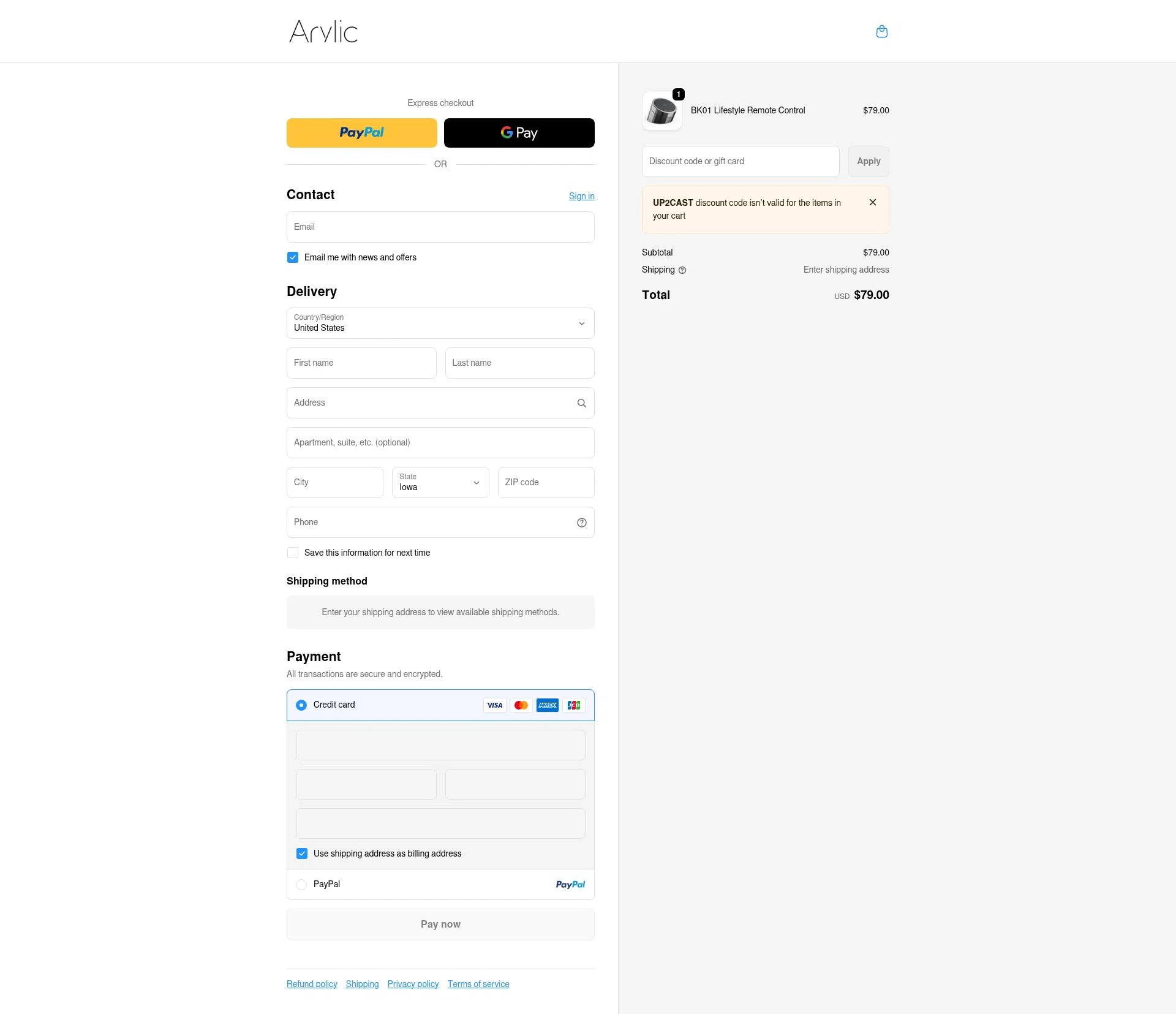 Arylic checkout page showing Arylic discount code box | Screenshot taken by SimplyCodes community member on Jan 2, 2026