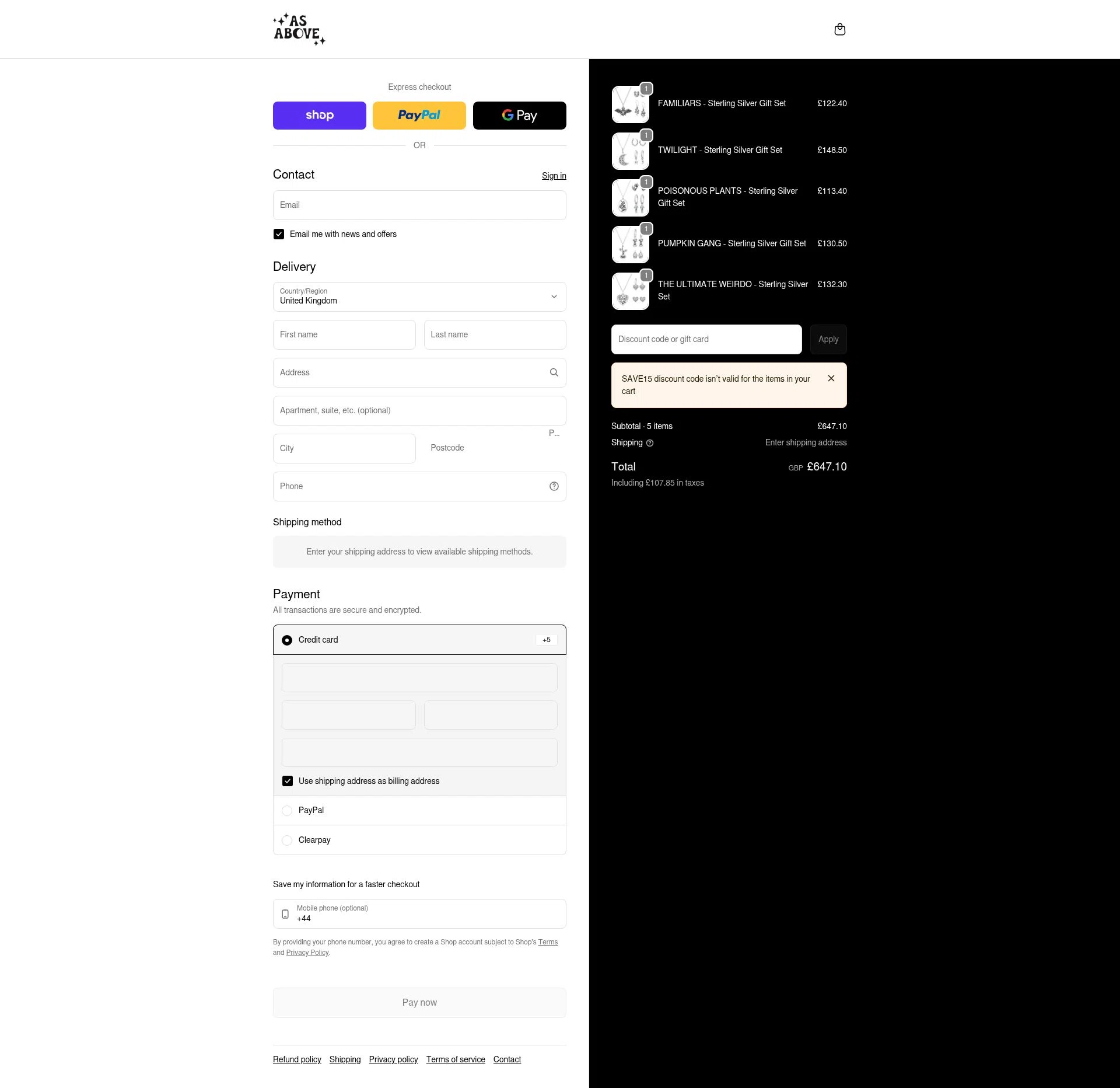 As Above checkout page showing As Above promo code box | Screenshot taken by SimplyCodes community member on Feb 20, 2026