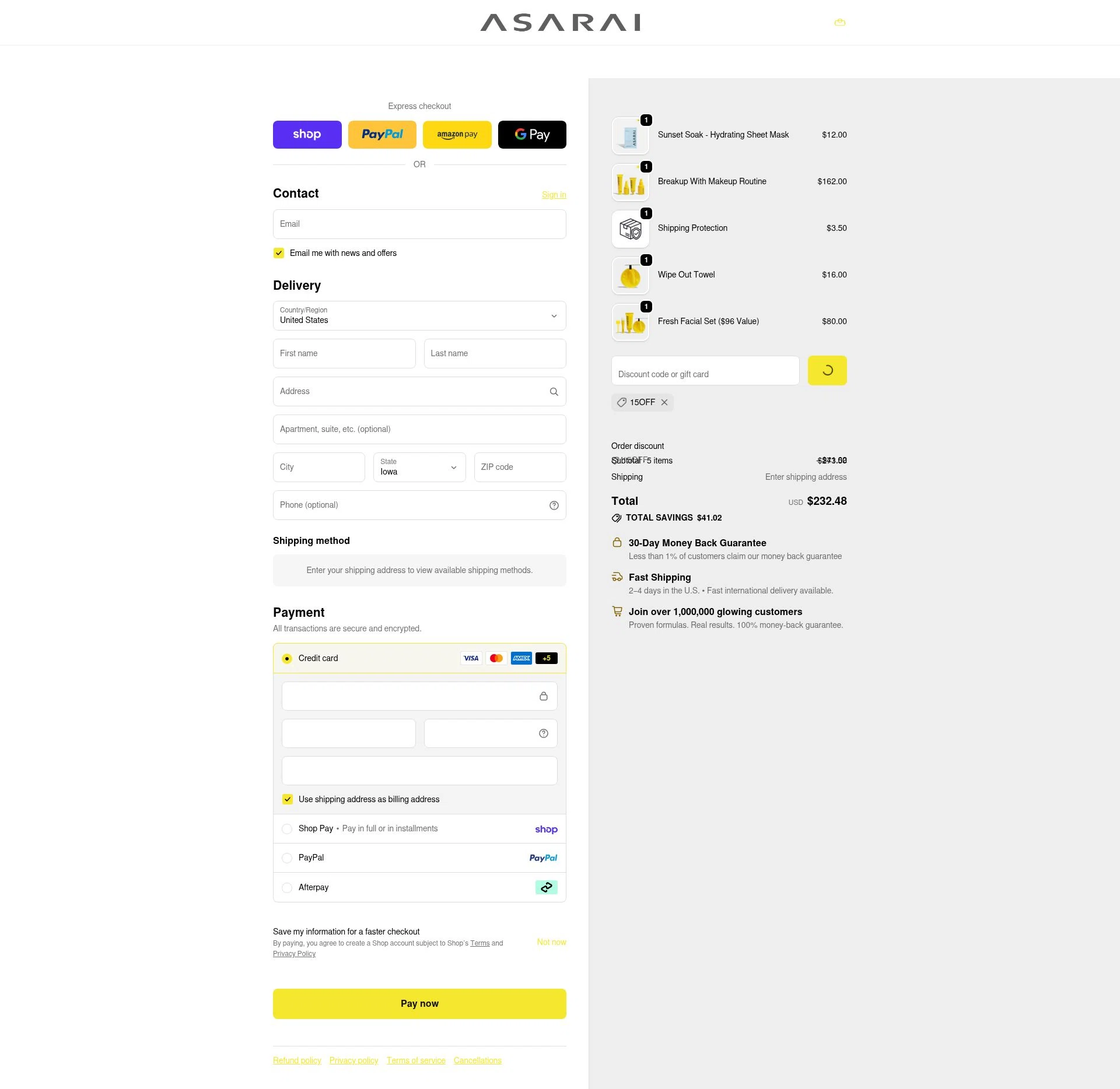 Asarai checkout page showing Asarai discount code box | Screenshot taken by SimplyCodes community member on Feb 18, 2026