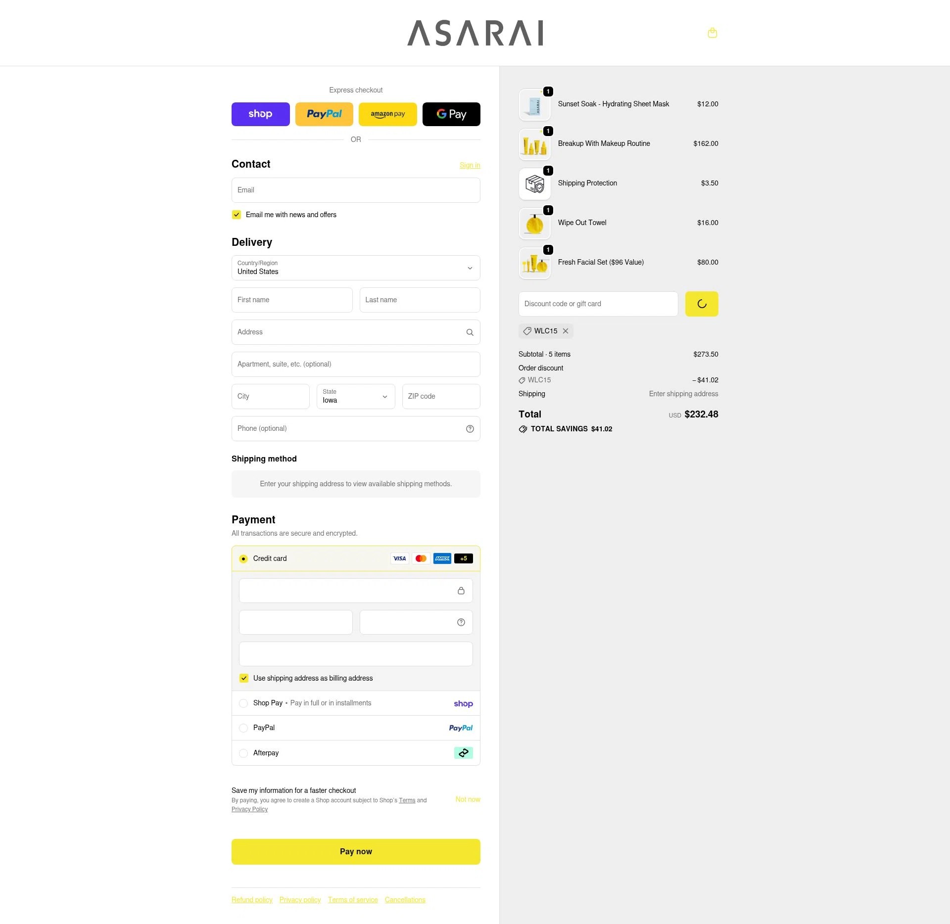 Asarai checkout page showing Asarai discount code box | Screenshot taken by SimplyCodes community member on Feb 14, 2026