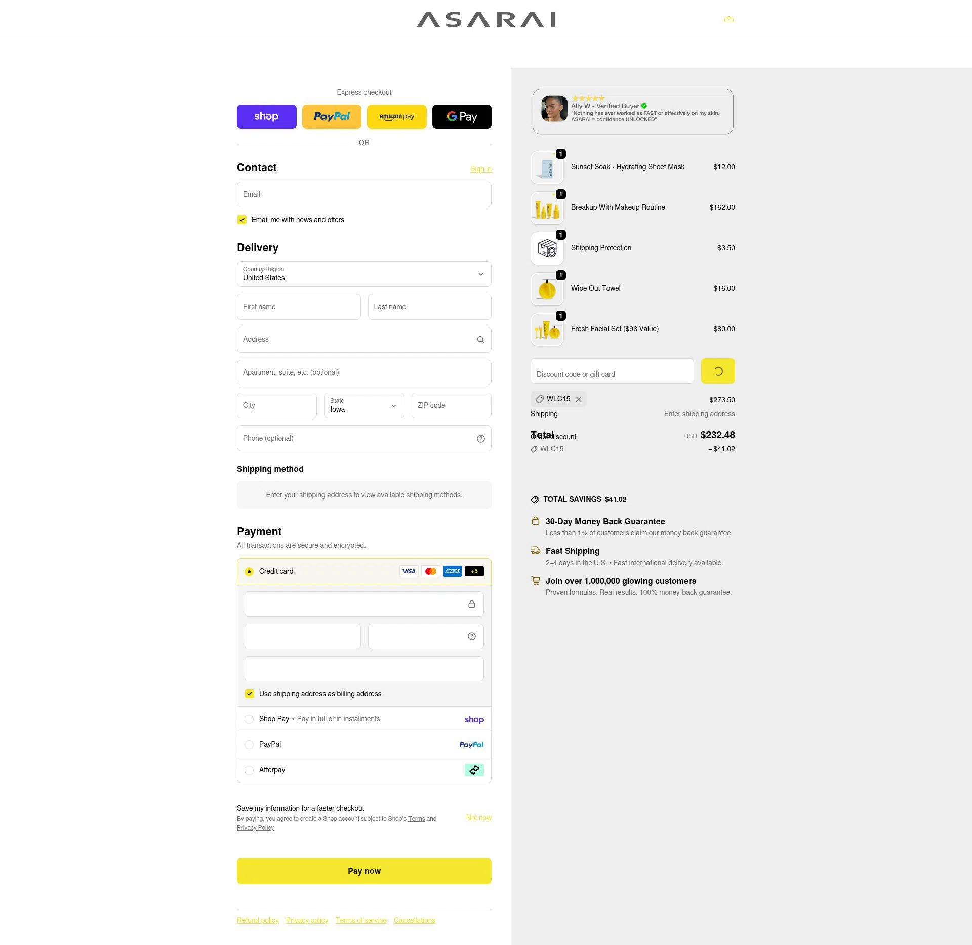 Asarai checkout page showing Asarai discount code box | Screenshot taken by SimplyCodes community member on Feb 18, 2026