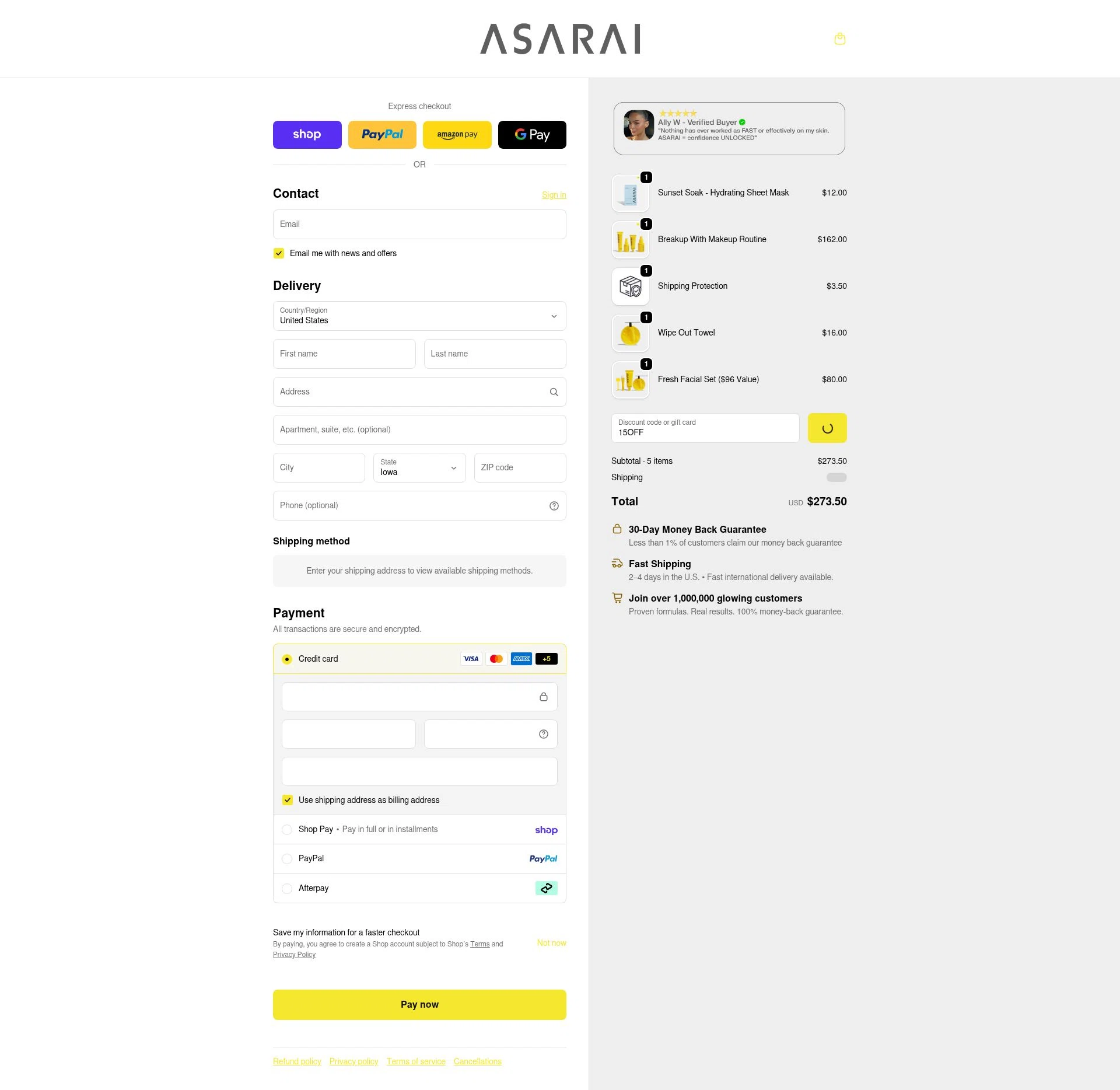Asarai checkout page showing Asarai discount code box | Screenshot taken by SimplyCodes community member on Feb 14, 2026