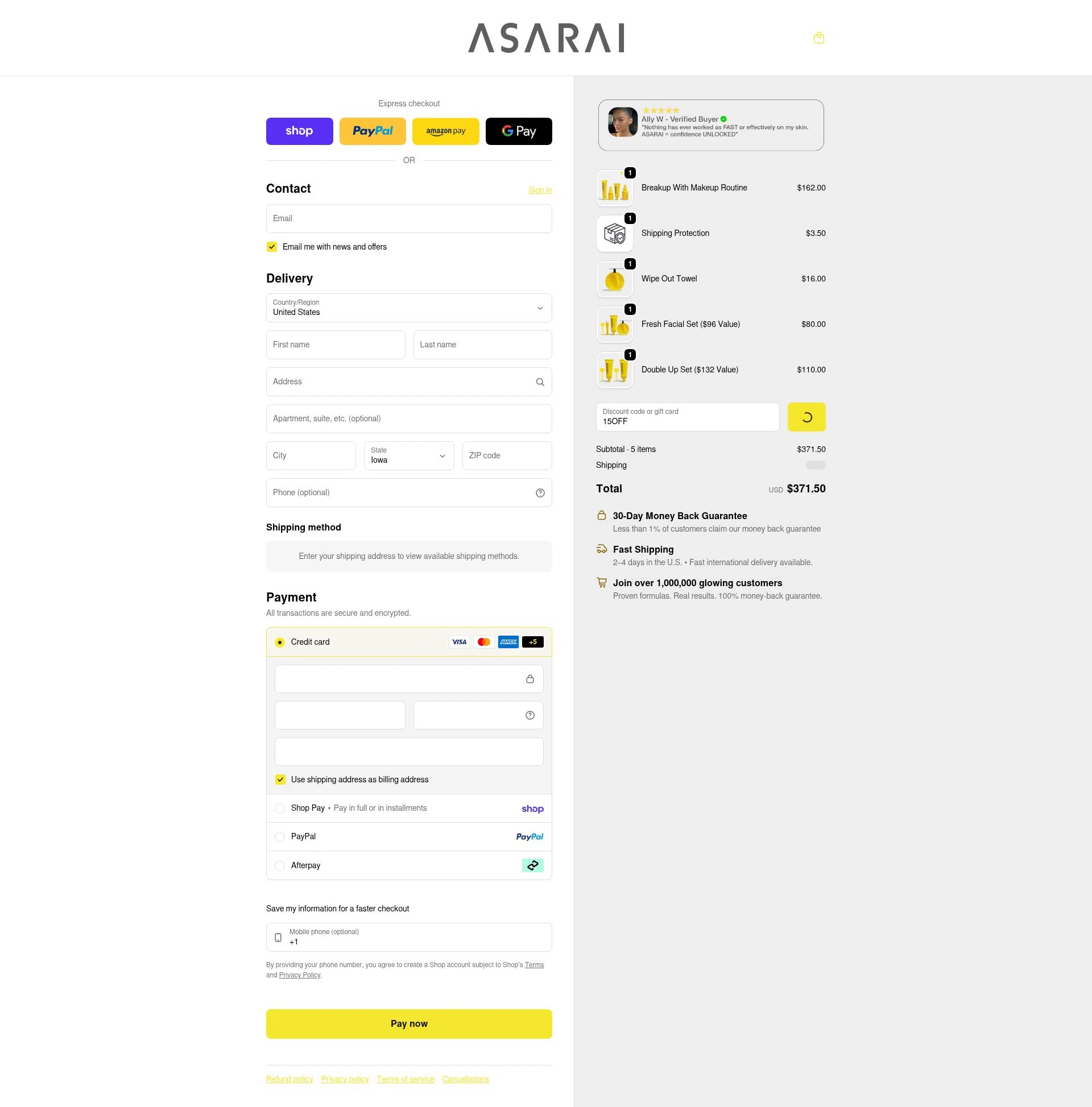 Asarai checkout page showing Asarai discount code box | Screenshot taken by SimplyCodes community member on Feb 1, 2026
