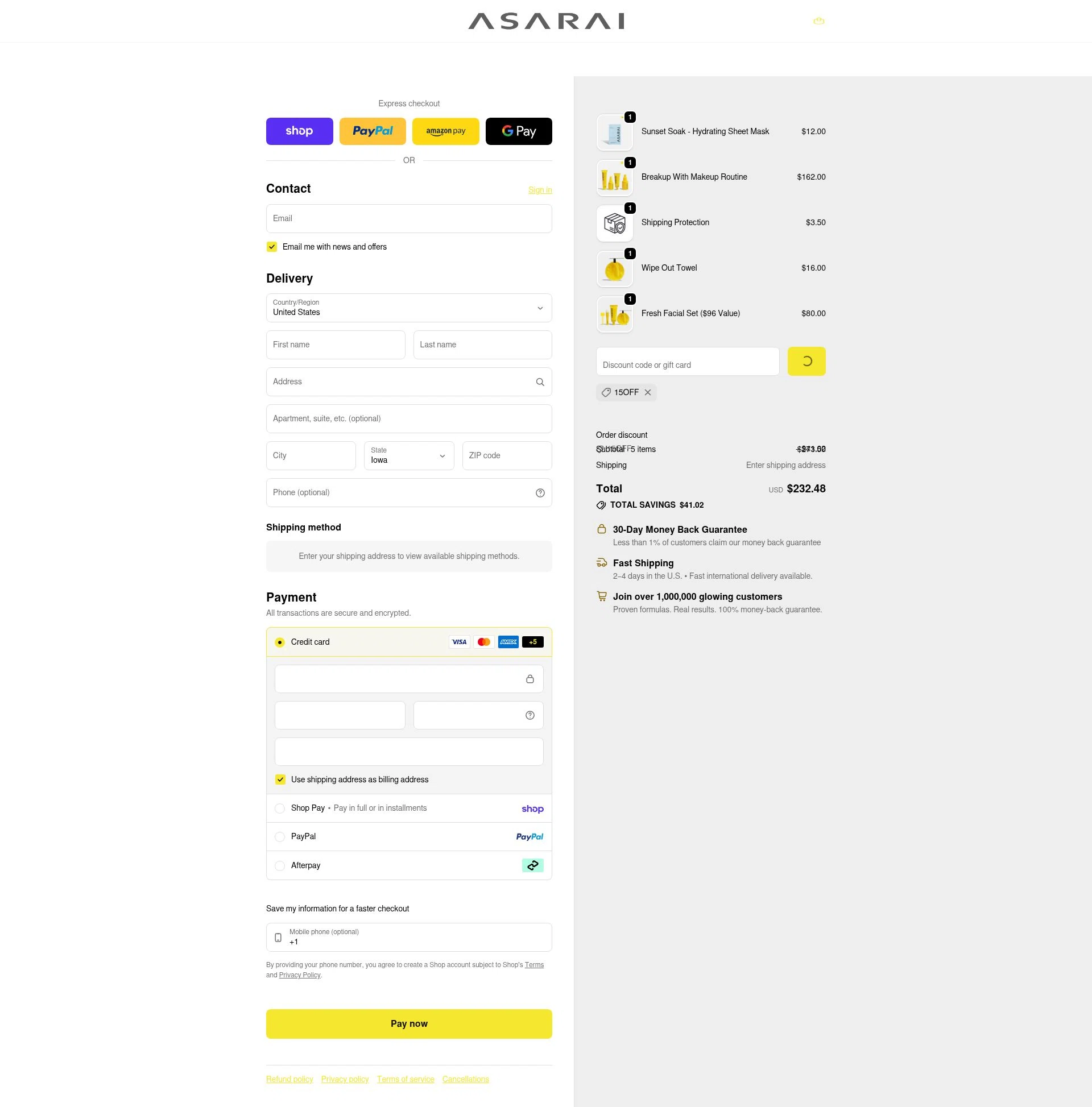 Asarai checkout page showing Asarai discount code box | Screenshot taken by SimplyCodes community member on Feb 5, 2026
