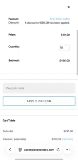 Ascension Peptides coupon verification screenshot