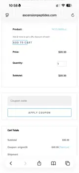 Ascension Peptides coupon verification screenshot