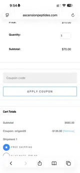 Ascension Peptides coupon verification screenshot