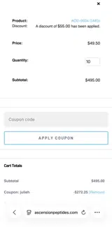 Ascension Peptides coupon verification screenshot