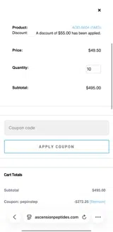 Ascension Peptides coupon verification screenshot