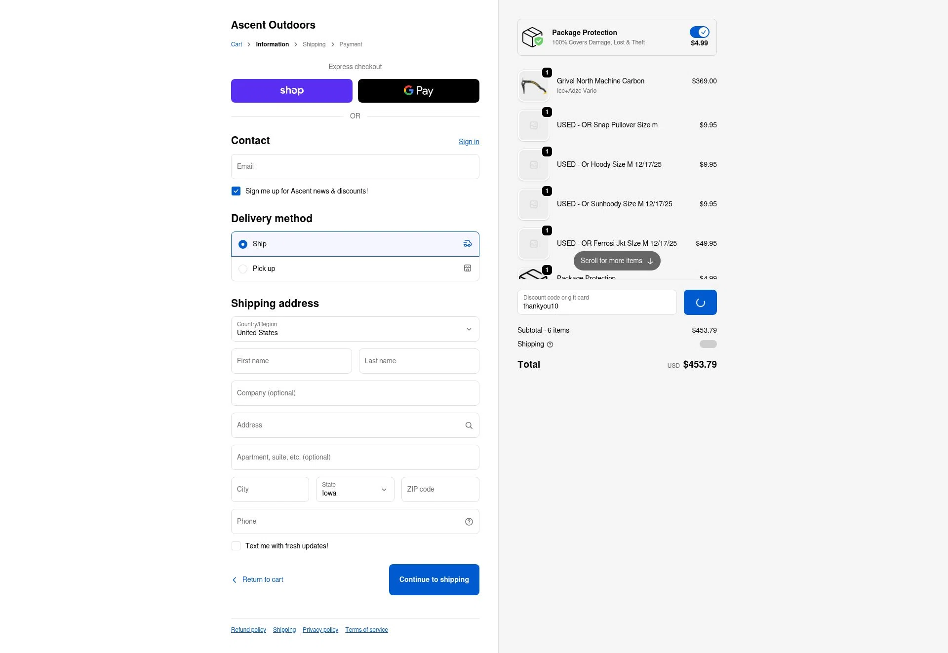 Ascent Outdoors checkout page showing Ascent Outdoors promo code box | Screenshot taken by SimplyCodes community member on Dec 27, 2025