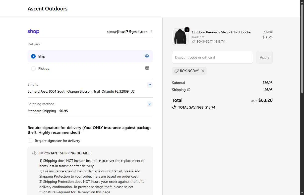 Ascent Outdoors checkout page showing Ascent Outdoors promo code box | Screenshot taken by SimplyCodes community member on Dec 27, 2025