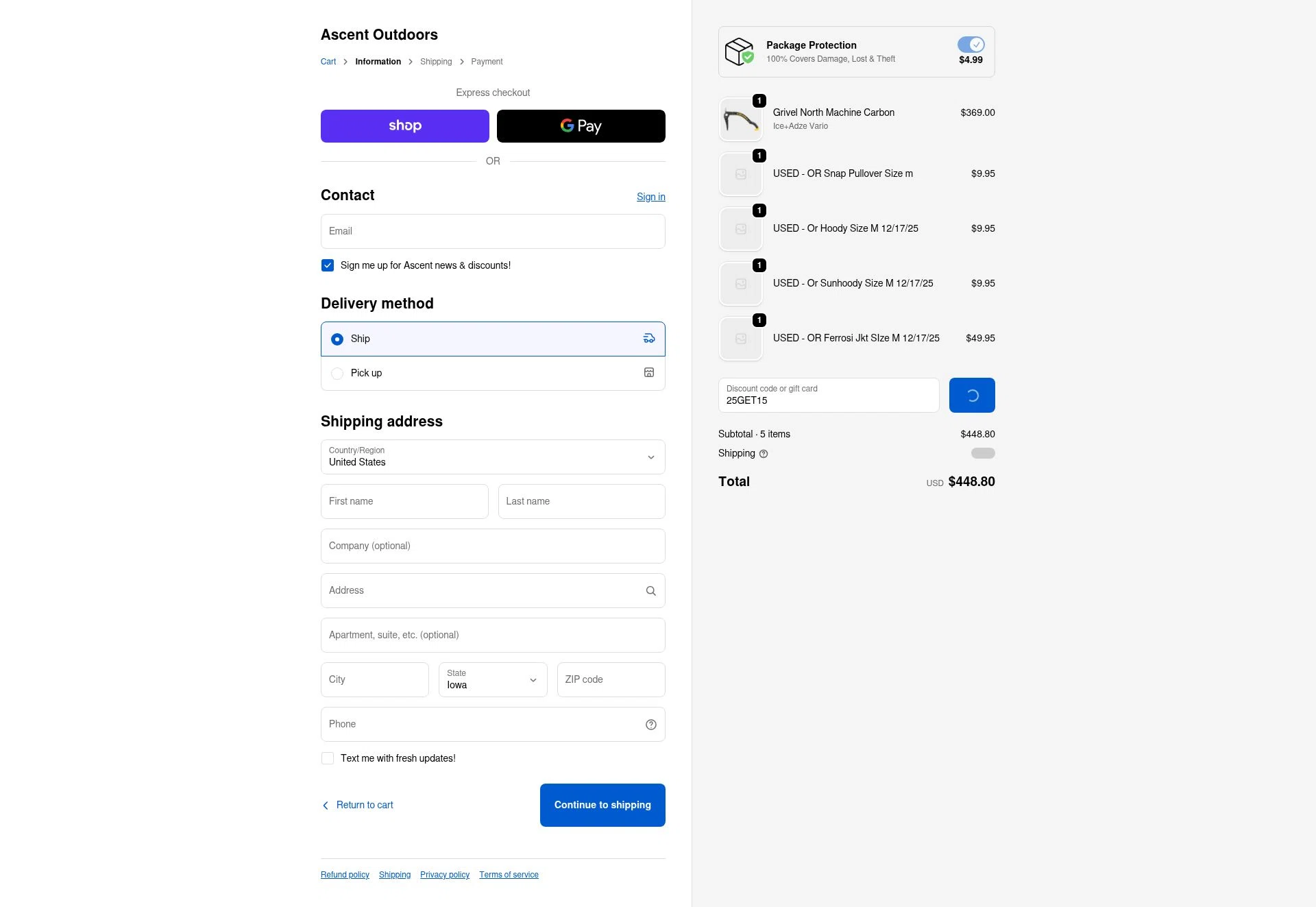 Ascent Outdoors checkout page showing Ascent Outdoors promo code box | Screenshot taken by SimplyCodes community member on Jan 1, 2026