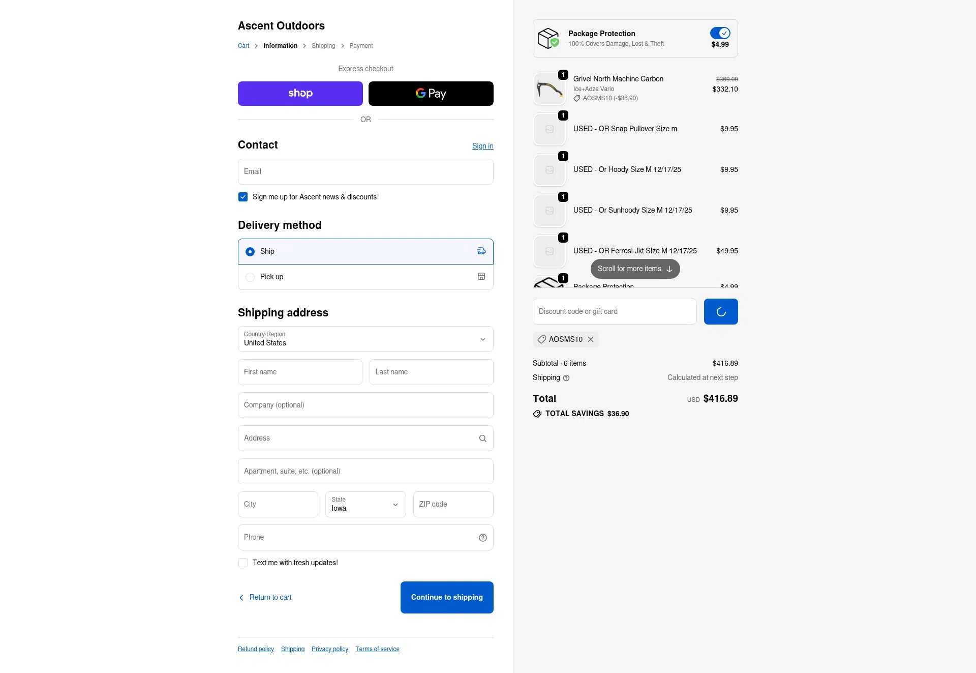 Ascent Outdoors checkout page showing Ascent Outdoors promo code box | Screenshot taken by SimplyCodes community member on Jan 1, 2026