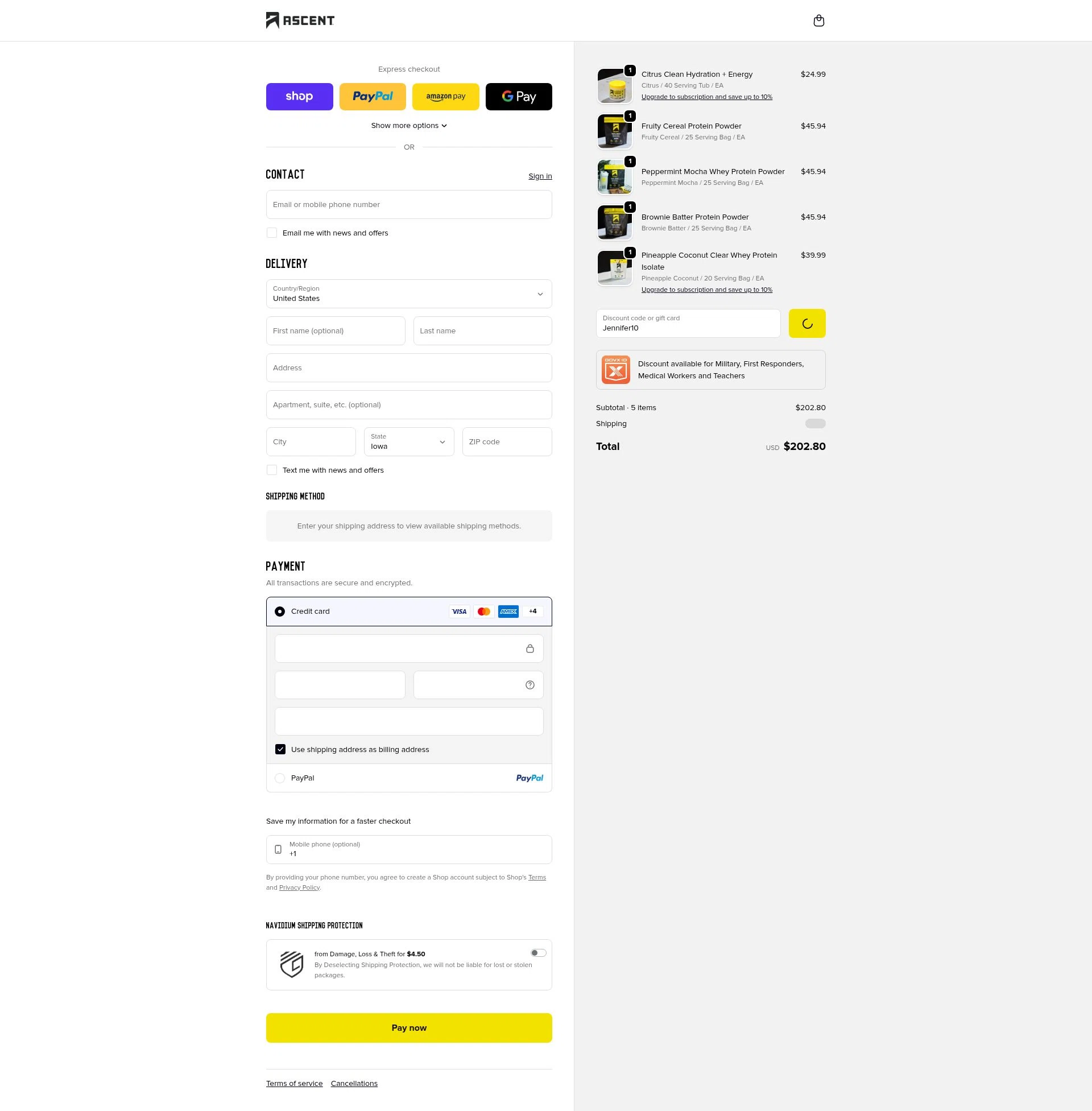 Ascent Protein checkout page showing Ascent Protein discount code box | Screenshot taken by SimplyCodes community member on Feb 3, 2026