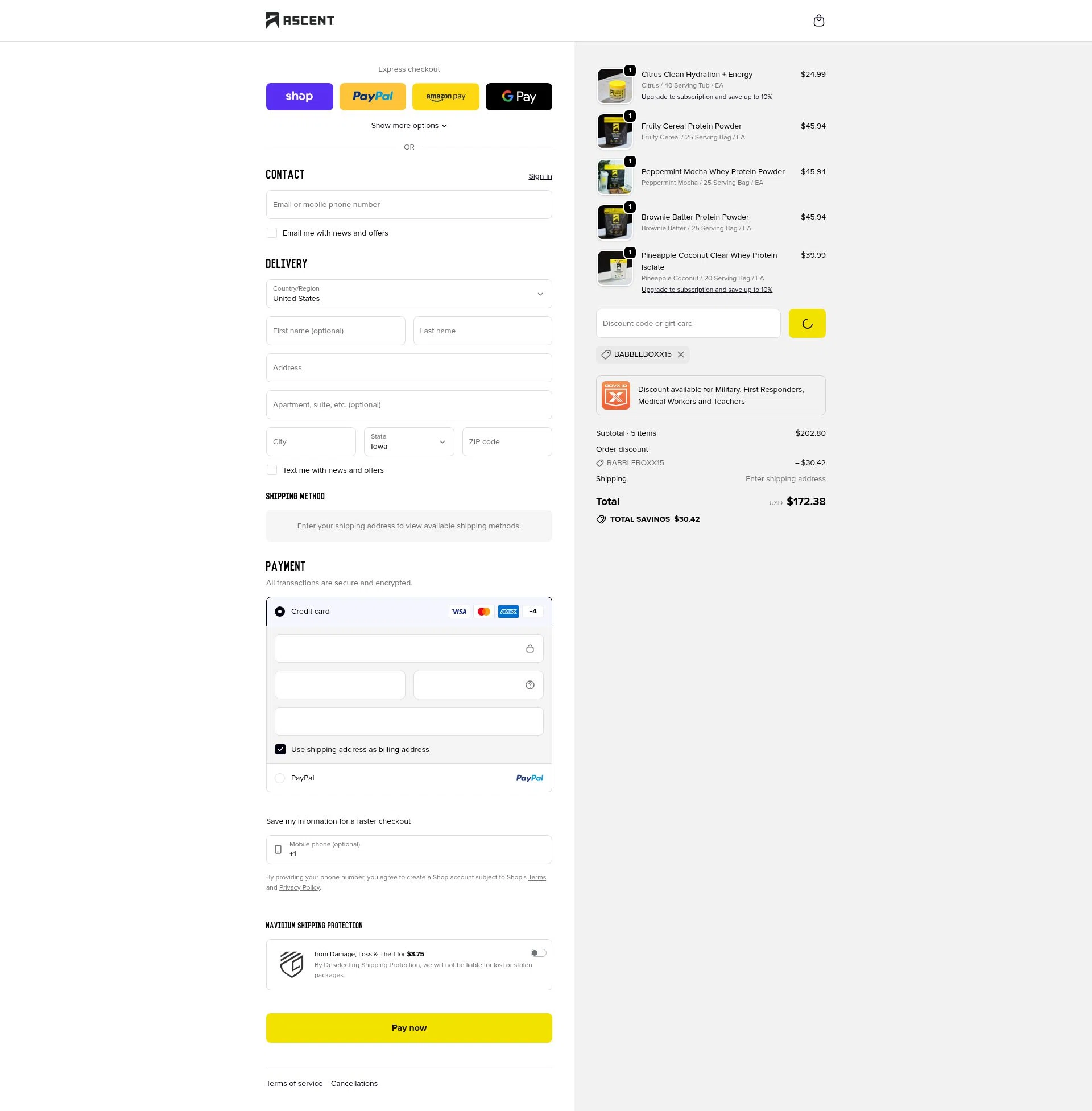 Ascent Protein checkout page showing Ascent Protein discount code box | Screenshot taken by SimplyCodes community member on Feb 3, 2026