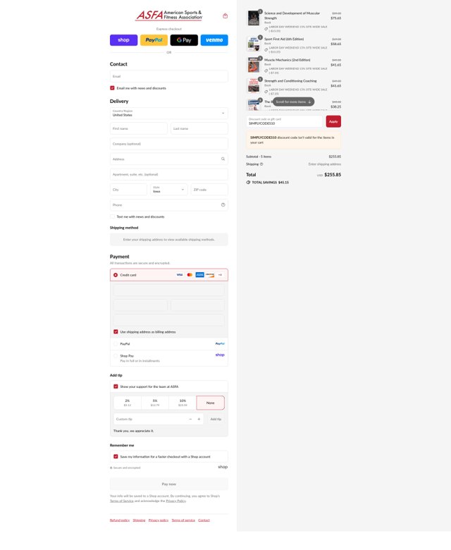ASFA checkout page showing ASFA promo code box | Screenshot taken by SimplyCodes community member on Sep 4, 2025