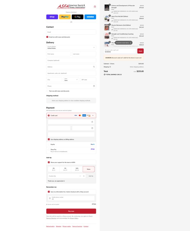 ASFA checkout page showing ASFA promo code box | Screenshot taken by SimplyCodes community member on Sep 4, 2025