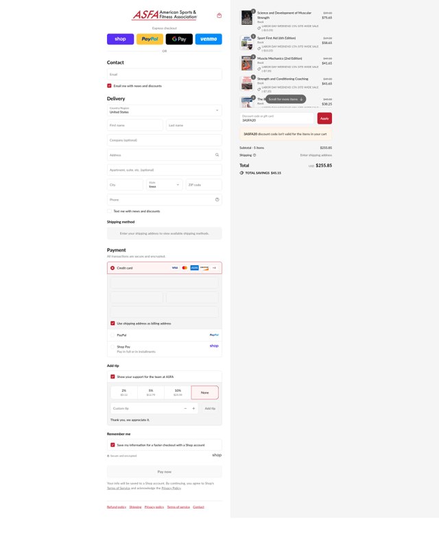 ASFA checkout page showing ASFA promo code box | Screenshot taken by SimplyCodes community member on Sep 4, 2025