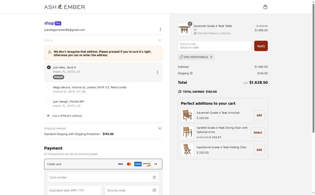 Ash & Ember checkout page showing Ash & Ember discount code box | Screenshot taken by SimplyCodes community member on Apr 19, 2025