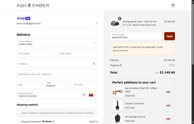 Ash & Ember checkout page showing Ash & Ember discount code box | Screenshot taken by SimplyCodes community member on Jul 18, 2025