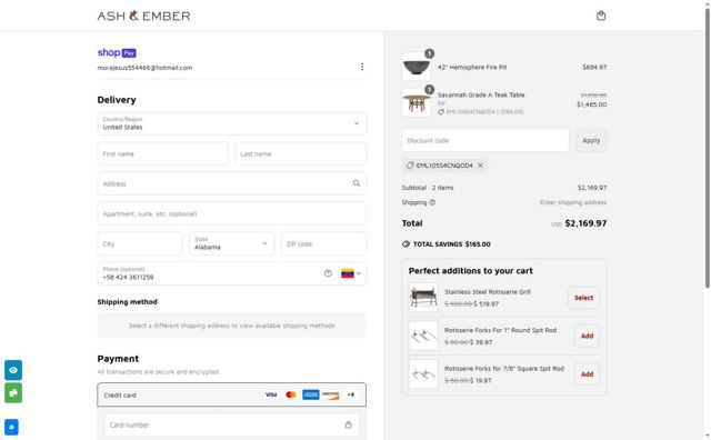 Ash & Ember checkout page showing Ash & Ember discount code box | Screenshot taken by SimplyCodes community member on Jun 8, 2025