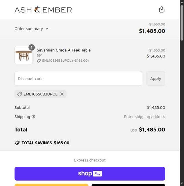 Ash & Ember checkout page showing Ash & Ember discount code box | Screenshot taken by SimplyCodes community member on Apr 22, 2025