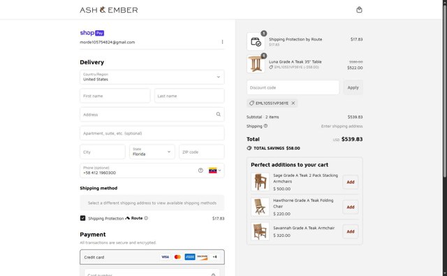 Ash & Ember checkout page showing Ash & Ember discount code box | Screenshot taken by SimplyCodes community member on Jul 14, 2025